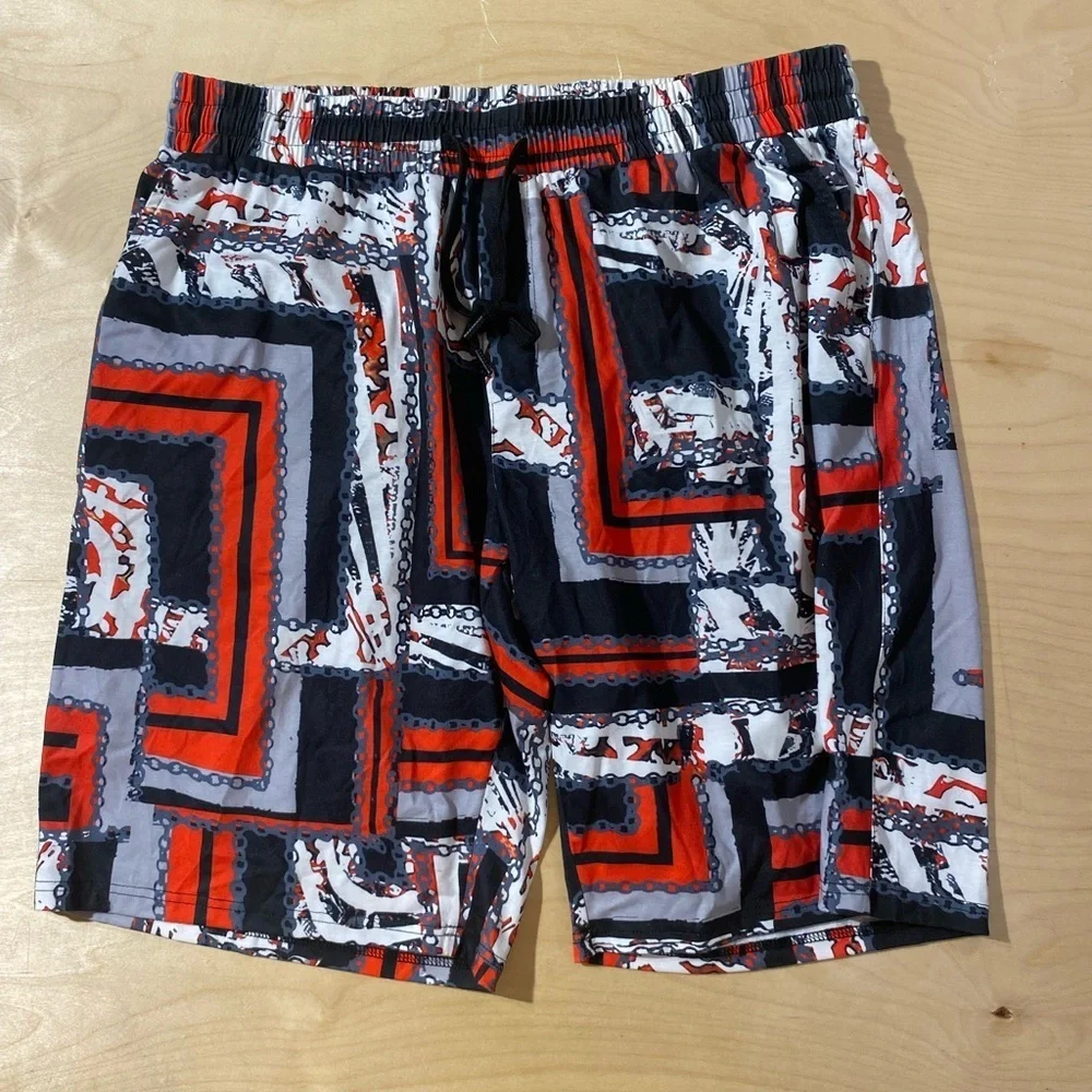 Stacy Adams Red, Black, and White Geometric Swim Shorts XXL (PE)